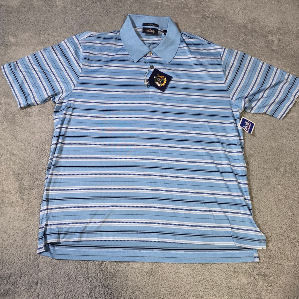 Allen Solly Mens Large Polo Shirt Blue Striped Double Mercerized Cotton NWT